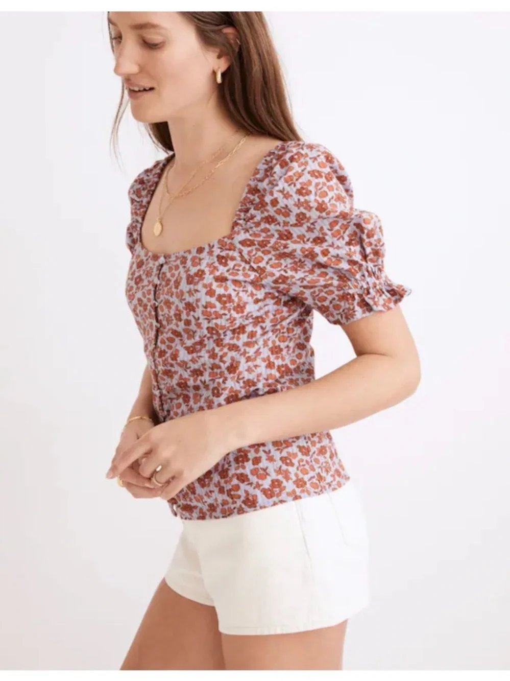 Madewell Rust Floral Square-Neck Puff Sleeve Top